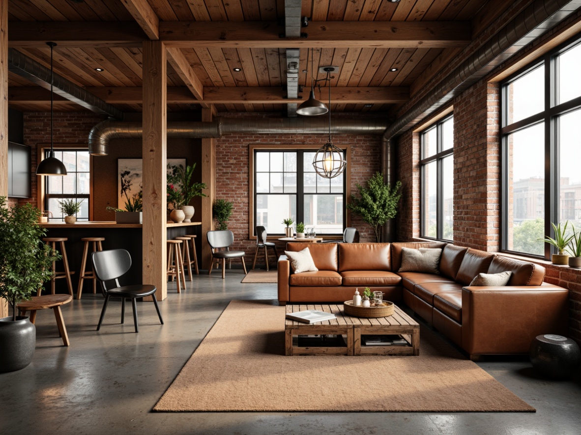 Prompt: Rustic wooden accents, reclaimed metal beams, industrial chic decor, vintage factory lights, distressed leather sofas, wooden crate coffee tables, minimalist metal chairs, natural fiber rugs, urban loft windows, exposed brick walls, modern art pieces, eclectic decorative objects, warm golden lighting, shallow depth of field, 1/1 composition, realistic textures, ambient occlusion.