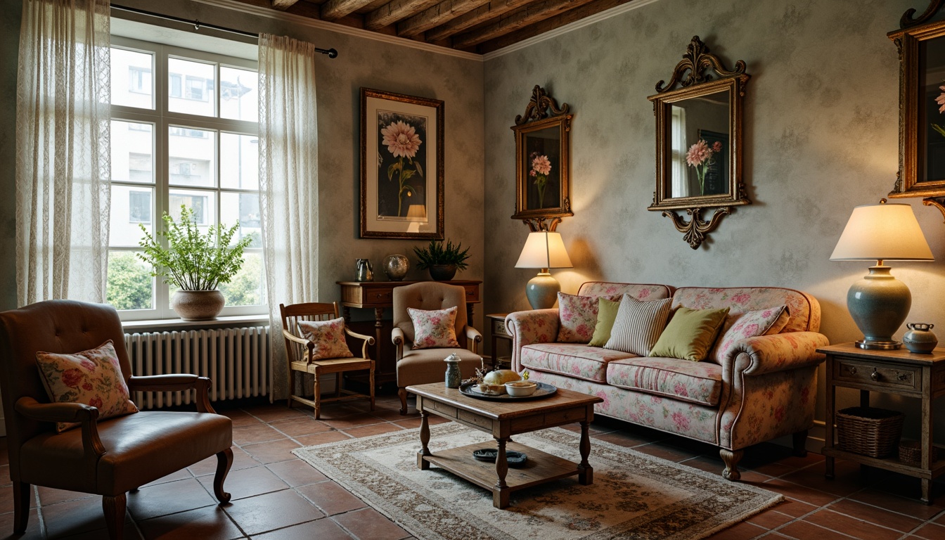 Prompt: Distressed wooden furniture, vintage decorations, soft pastel colors, floral patterns, lace curtains, rustic metal accents, worn leather armchairs, antique accessories, ornate mirrors, natural stone flooring, warm candlelight, shallow depth of field, 1/1 composition, cozy atmosphere, realistic textures, ambient occlusion.