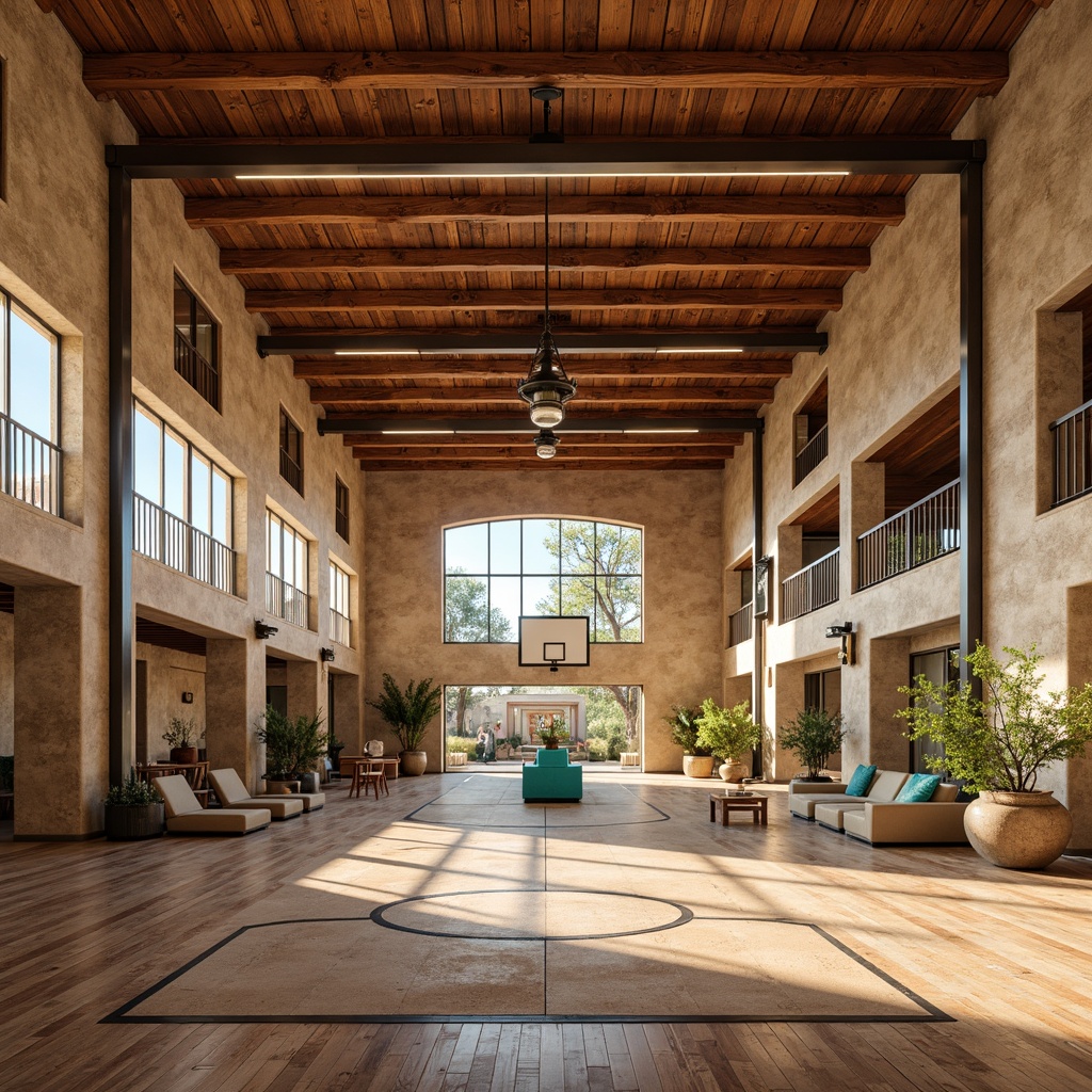 Prompt: Southwestern style gymnasium, high ceilings, exposed wooden beams, rustic metal accents, earthy color palette, natural stone walls, wooden floors, large windows, abundant sunlight, warm soft lighting, LED strip lights, industrial-style pendant lamps, suspended lanterns, ambient occlusion, 3/4 composition, panoramic view, realistic textures, vibrant turquoise accents, desert-inspired patterns, bold geometric shapes.