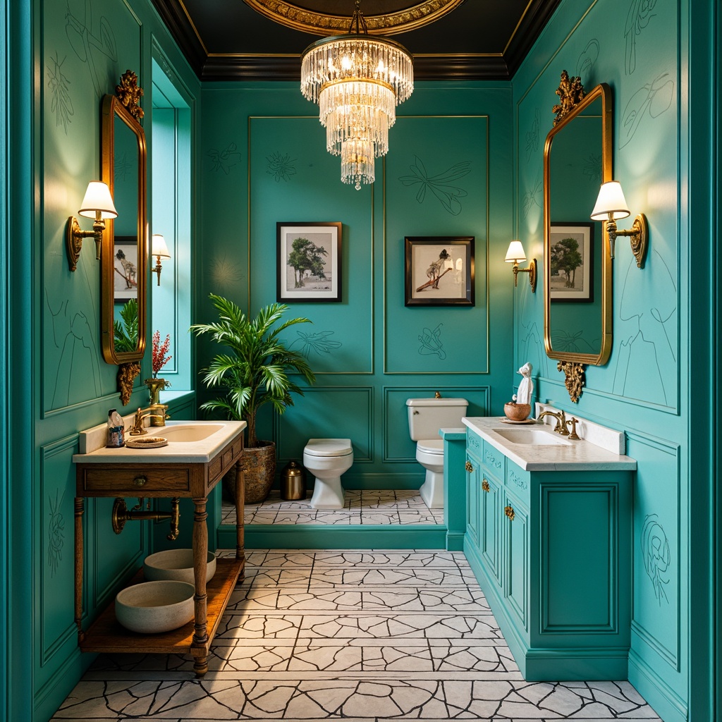 Prompt: Vibrant turquoise walls, rich gold accents, bold black outlines, whimsical white ceramics, ornate bronze fixtures, eclectic patterned floors, dramatic curved lines, expressive artistic strokes, lavish marble countertops, opulent crystal chandeliers, moody warm lighting, shallow depth of field, 1/2 composition, intimate close-up shots, realistic textures, ambient occlusion.