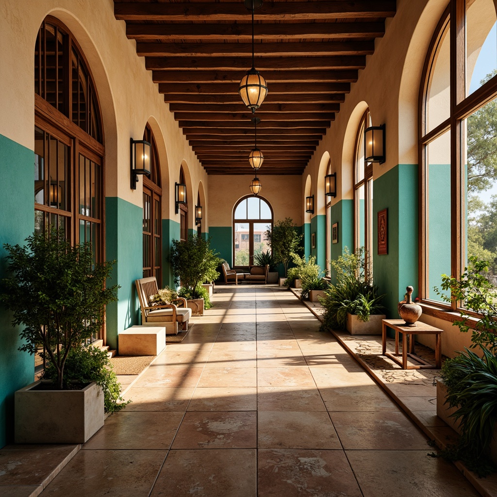 Prompt: Mediterranean-style fitness club, rustic wooden floors, distressed finishes, warm earthy tones, ceramic tile accents, natural stone walls, arched doorways, wrought iron fixtures, vibrant turquoise hues, lush greenery, potted plants, soft warm lighting, shallow depth of field, 3/4 composition, realistic textures, ambient occlusion.