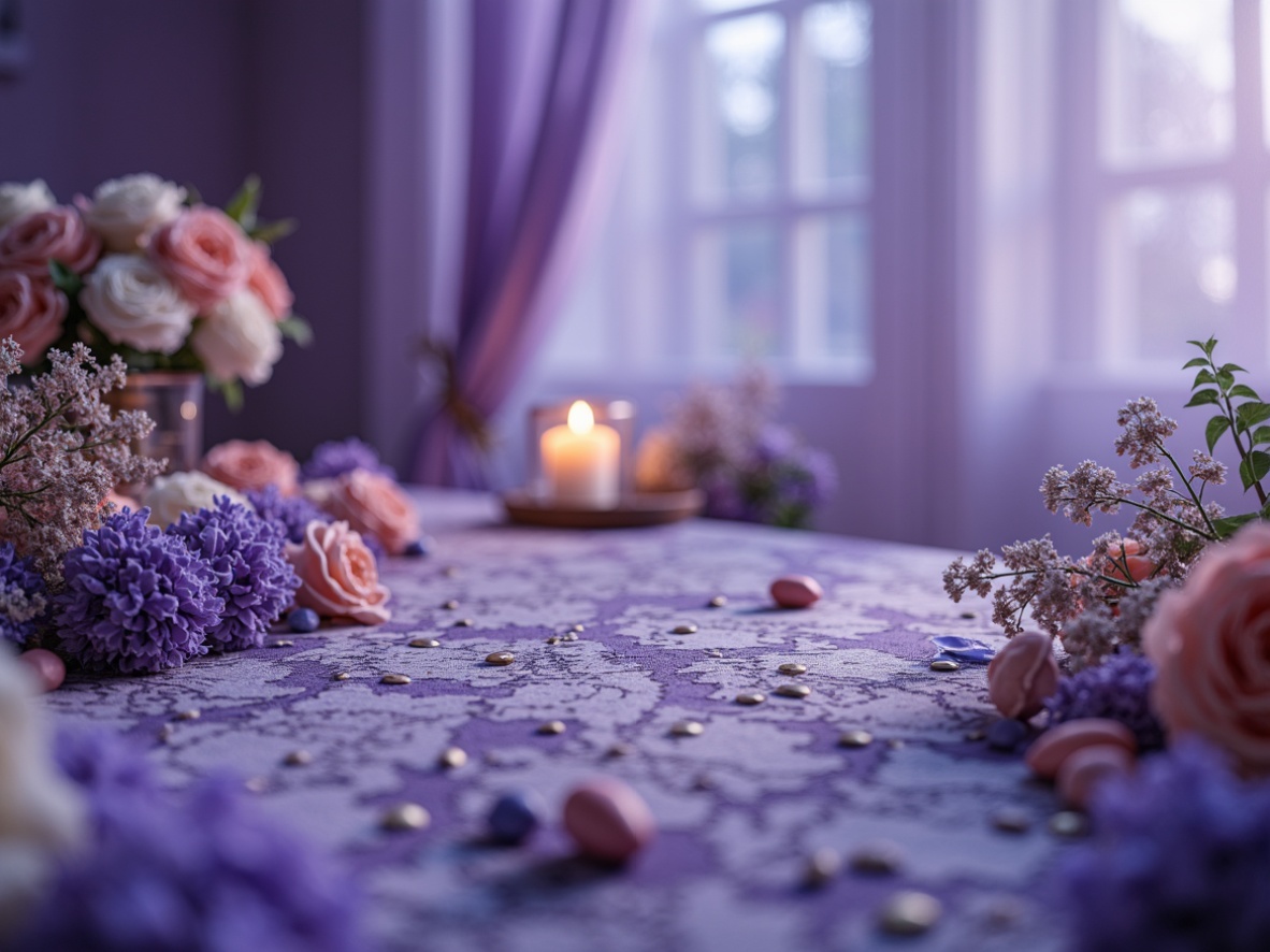 Prompt: \Dreamy blue violet hues, pastel lavender shades, soft peach undertones, creamy whites, rich gold accents, luxurious velvet textures, ornate metallic details, whimsical florals, delicate lace patterns, ethereal misty atmosphere, warm candlelight glow, shallow depth of field, 1/1 composition, romantic realistic renderings.\