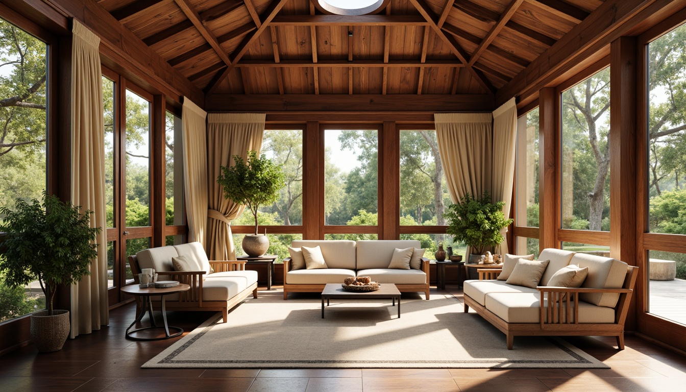 Prompt: Elegant sunroom interior, classicism style, rich wood accents, ornate furniture, velvety drapes, subtle patterns, warm beige tones, soft golden lighting, comfortable seating areas, lush greenery views, natural stone flooring, plush area rugs, refined upholstery fabrics, sophisticated textures, subtle sheen finishes, 1/2 composition, harmonious color palette, realistic rendering, ambient occlusion.