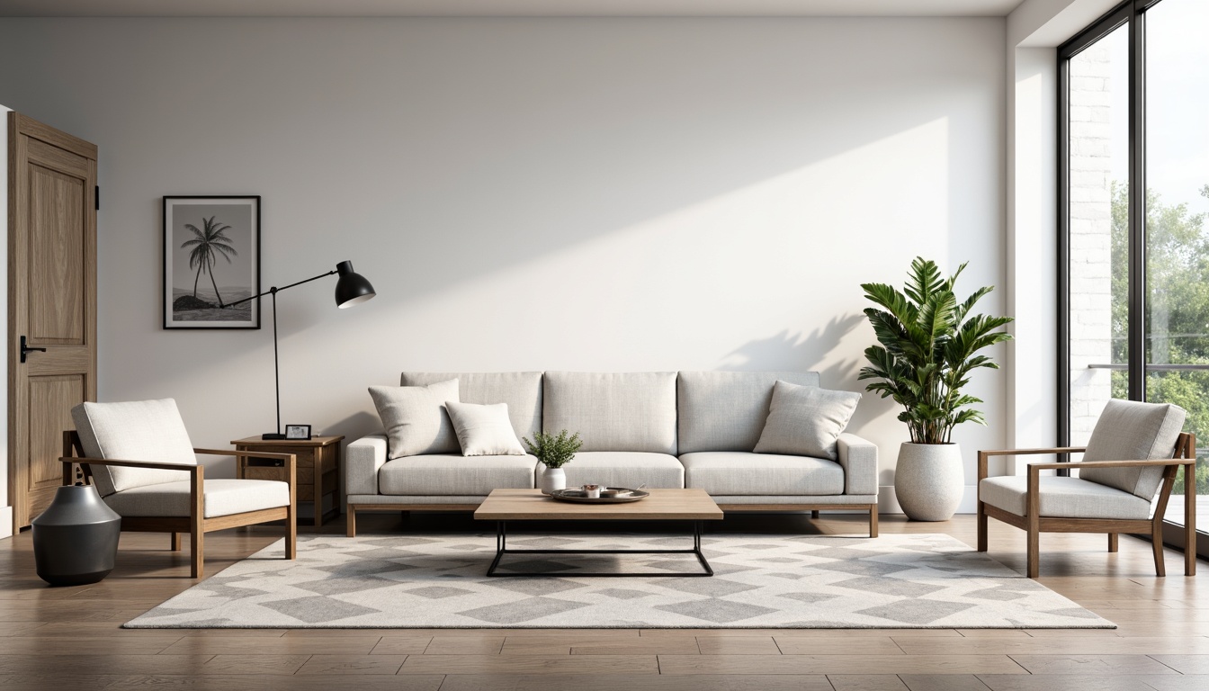 Prompt: Monochromatic living room, sleek low-profile sofa, minimalist coffee table, industrial metal legs, Scandinavian-inspired wooden chairs, geometric patterned rug, soft warm lighting, subtle shadows, 1/1 composition, realistic textures, ambient occlusion, airy atmosphere, plenty of negative space, functional decor, simple color palette, clean lines, minimal ornamentation.