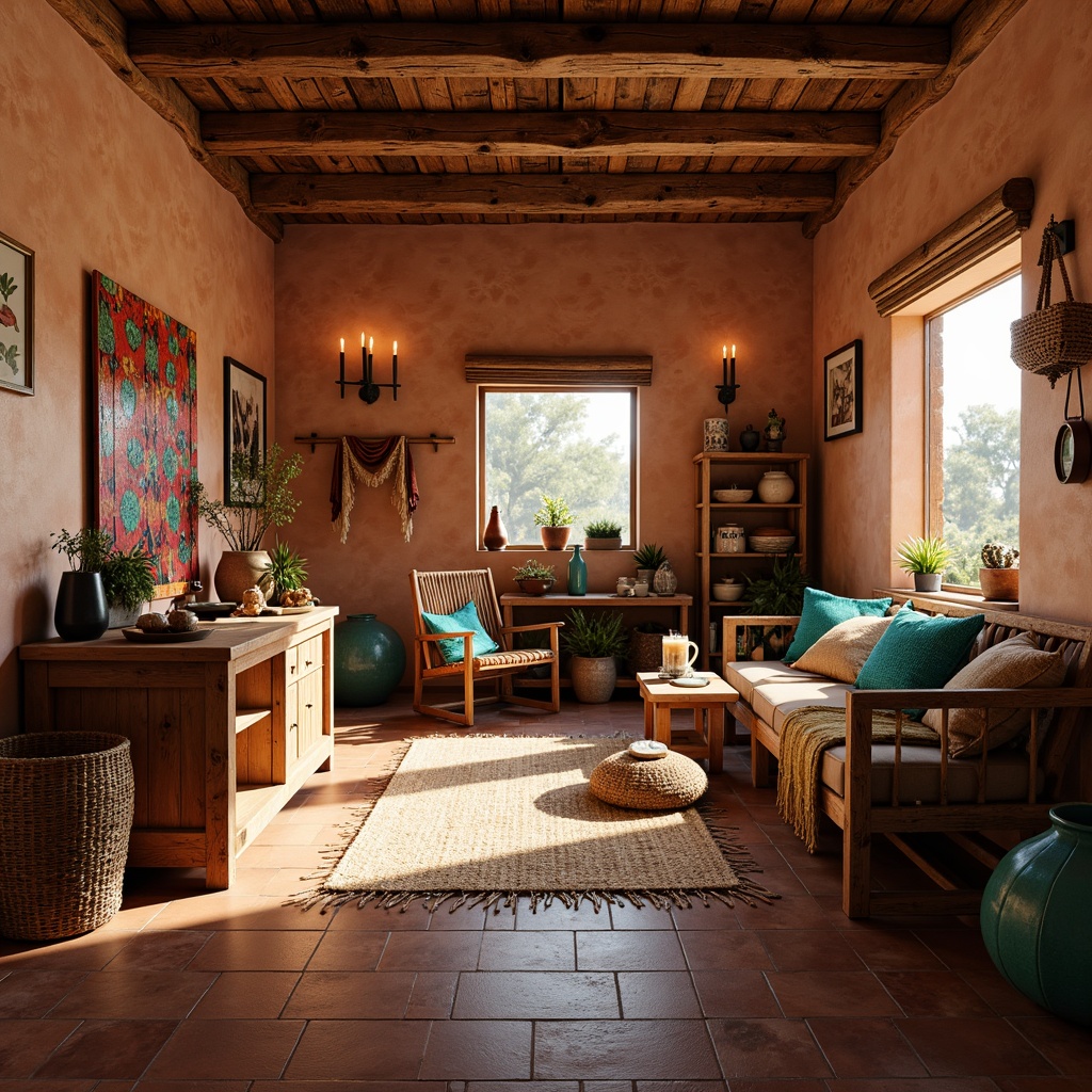 Prompt: Cozy southwestern craft room, earthy terracotta floors, natural woven rugs, rustic wooden furniture, vibrant turquoise accents, woven baskets, colorful textiles, desert-inspired patterns, warm candlelight, soft gentle shadows, shallow depth of field, 1/1 composition, intimate setting, realistic textures, ambient occlusion.