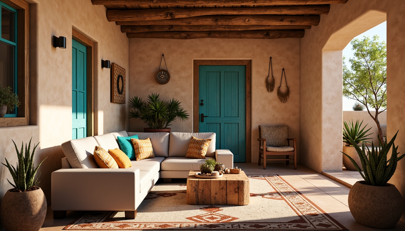 Prompt: Earth-toned stucco walls, rough-hewn wooden accents, vibrant turquoise hues, rustic metal decorations, woven Native American patterns, natural fiber textiles, warm adobe-inspired color palette, distressed wood flooring, hand-carved wooden furniture, geometric terra cotta tiles, desert botanicals, soft warm lighting, shallow depth of field, 1/1 composition, realistic textures, ambient occlusion.