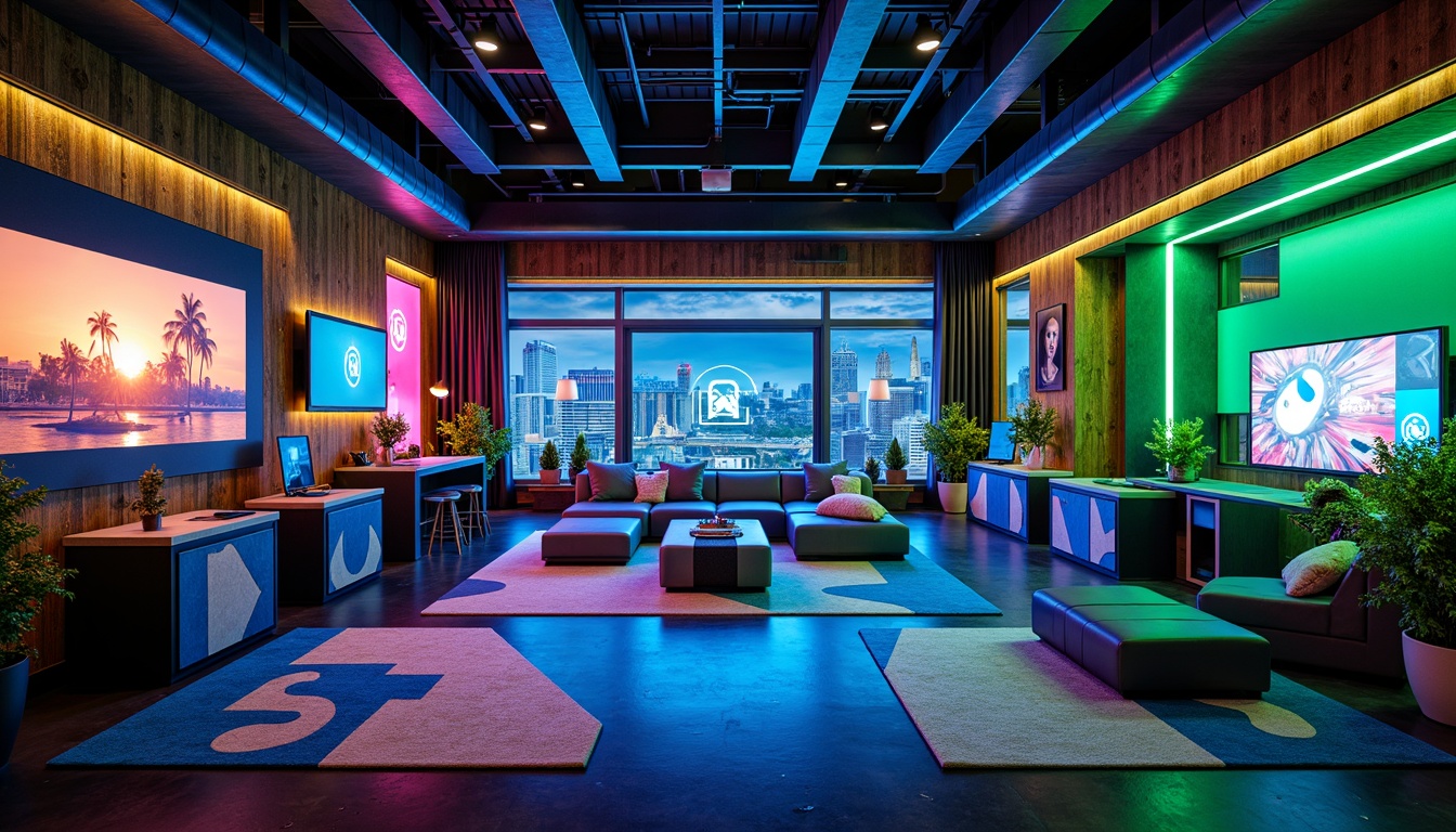 Prompt: Vibrant game room, bold neon colors, electric blue accents, bright green hues, warm golden lighting, futuristic glow, sleek modern furniture, high-tech gadgets, immersive virtual reality, 3D graphics, dynamic sound systems, cozy plush carpets, abstract geometric patterns, metallic finishes, industrial chic decor, urban loft atmosphere, panoramic city views, soft ambient illumination.