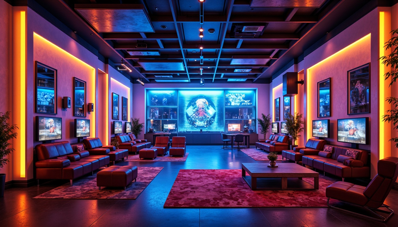 Prompt: Vibrant game room, bold neon colors, electric blue accents, bright yellow highlights, deep red tones, futuristic glow effects, high-tech equipment, sleek metal surfaces, glossy finishes, ambient LED lighting, immersive gaming experience, cozy seating areas, rich wood textures, dynamic sound systems, energetic atmosphere, 3/4 composition, shallow depth of field, panoramic view.