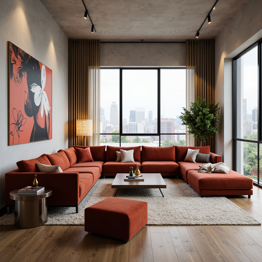 Prompt: Elegant minimalist living room, luxurious velvet sofas, wooden coffee tables, metallic legs, soft warm lighting, Scandinavian-inspired design, functional storage ottomans, curved lines, bold colorful accents, statement pieces, abstract art decorations, textured rugs, natural wood flooring, floor-to-ceiling windows, urban loft atmosphere, 1/2 composition, shallow depth of field, realistic renderings.