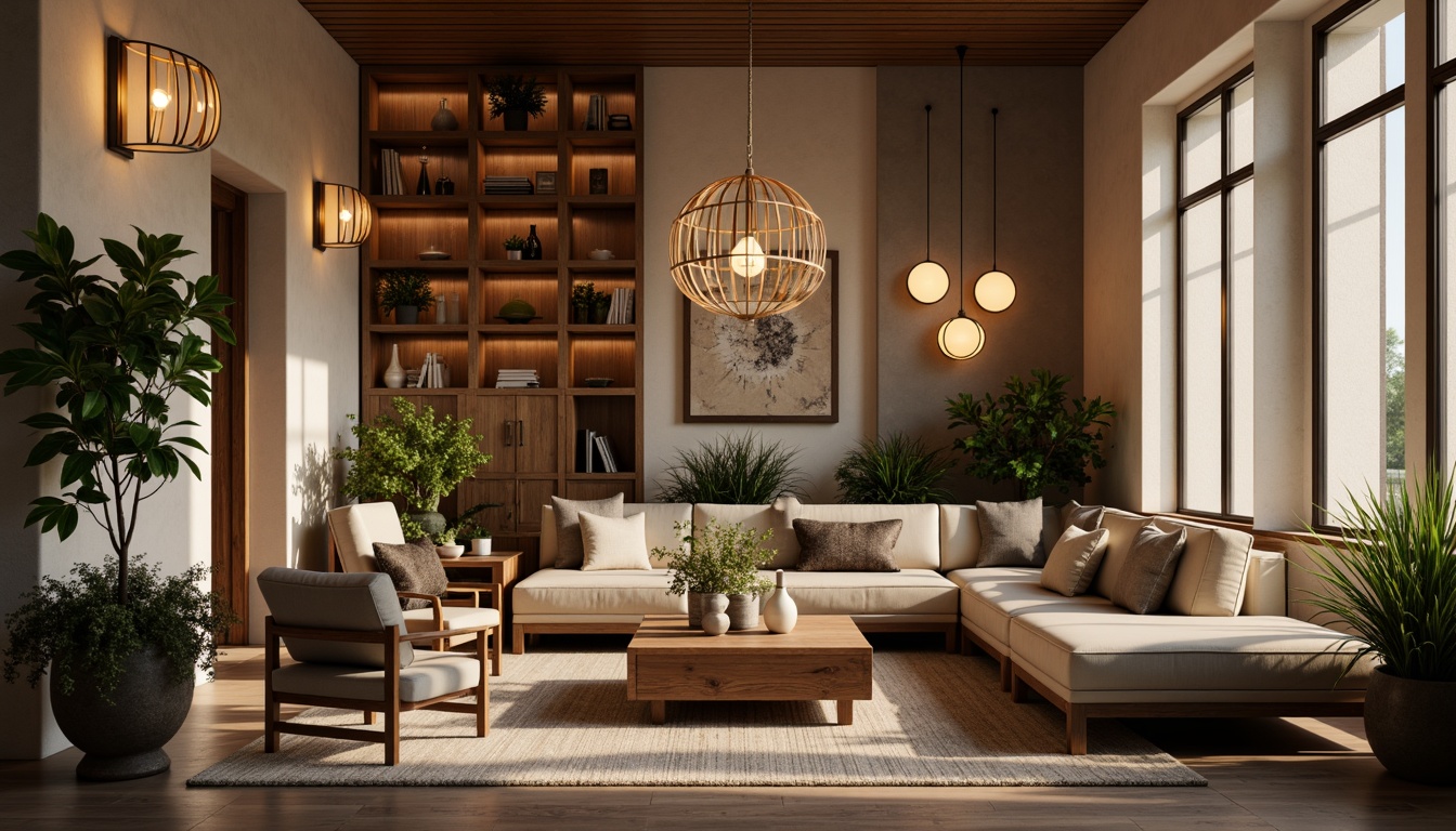 Prompt: Warm pendant lights, geometric metal shades, minimalist sconces, natural wood accents, retro-inspired table lamps, sleek floor lamps, circular chandeliers, globe pendants, organic shapes, earthy tones, warm beige walls, rich walnut furniture, lush greenery, large windows, soft diffused lighting, 1/1 composition, realistic textures, ambient occlusion.