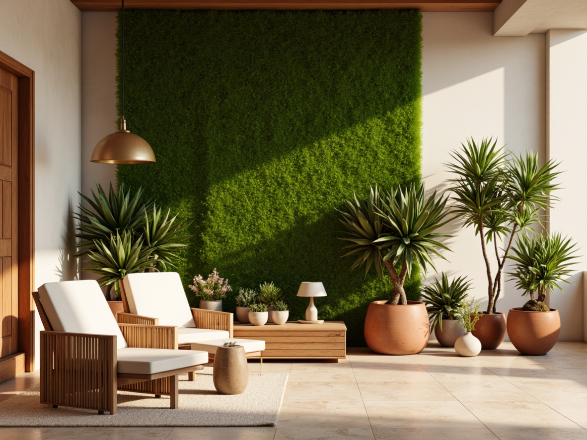 Prompt: Moss green accent wall, natural stone flooring, earthy terracotta pots, lush indoor plants, wooden furniture, woven rattan chairs, creamy white textiles, subtle golden lighting, warm beige tones, soft peach hues, calming atmosphere, serene ambiance, 1/1 composition, shallow depth of field, realistic textures, ambient occlusion.