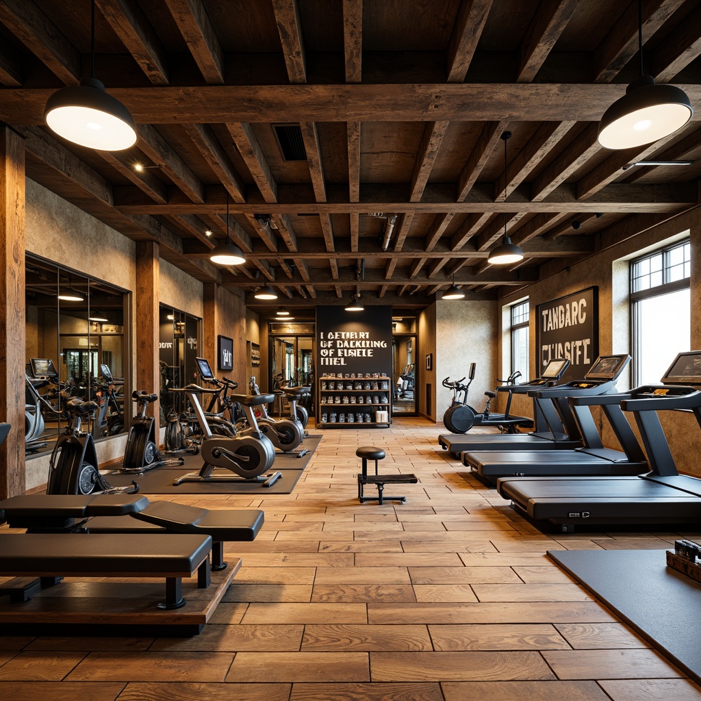 Prompt: Rustic home gym, reclaimed wood flooring, industrial metal beams, motivational quotes, fitness equipment, treadmills, exercise bikes, weight benches, dumbbells, kettlebells, resistance bands, mirrored walls, wooden accents, natural stone features, earthy color palette, soft warm lighting, 1/1 composition, shallow depth of field, realistic textures, ambient occlusion.