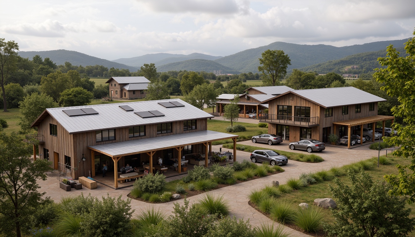 Prompt: Rustic bus station, farmhouse style, corrugated metal roofs, wooden accents, earthy tones, natural stone walls, green roofs, lush vegetation, solar panels, skylights, clerestory windows, modern agricultural equipment, rural landscape, rolling hills, cloudy sky, soft warm lighting, 1/1 composition, realistic textures, ambient occlusion.