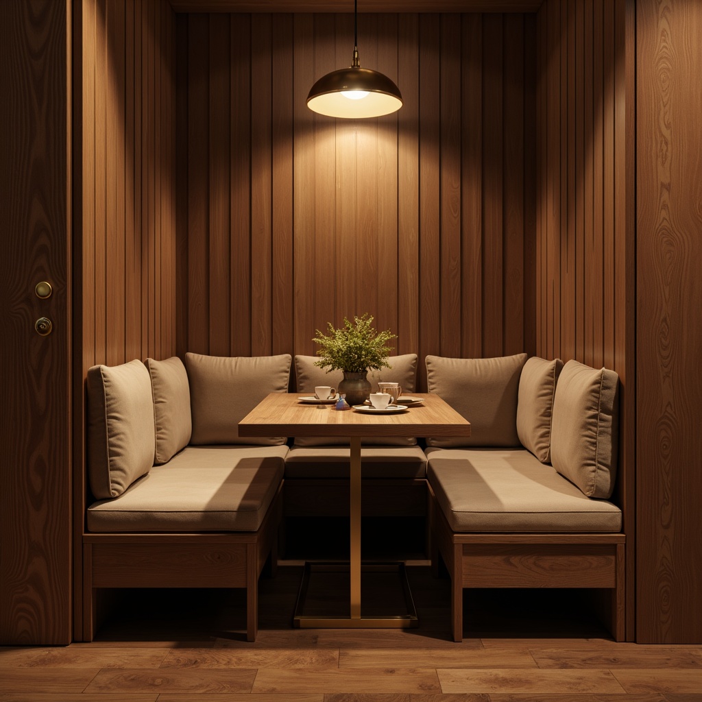 Prompt: Cozy nook atmosphere, wooden table legs, rich brown wood tone, plush cushions, soft velvet upholstery, golden metal accents, modern minimalist design, sleek lines, compact footprint, intimate seating arrangement, warm ambient lighting, softbox shadows, 1/1 composition, realistic wood textures, subtle reflections.