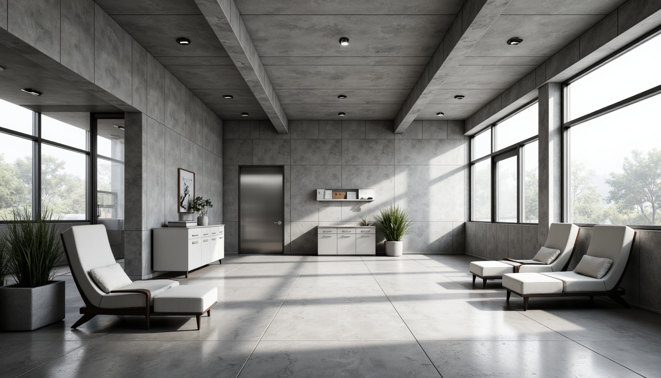 Prompt: Monochromatic clinic interior, exposed concrete walls, polished metal fixtures, minimalist furniture, brutalist architecture, industrial-style lighting, sparse greenery, natural stone flooring, functional decor, sterile atmosphere, high ceilings, large windows, abundant natural light, soft shadows, 1/1 composition, realistic textures, subtle ambient occlusion.