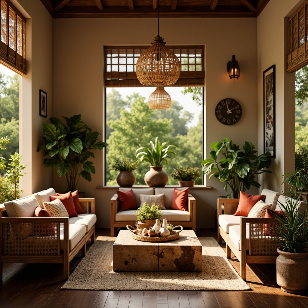 Prompt: Woven rattan armchairs, plush velvet sofas, reclaimed wood coffee tables, natural fiber rugs, vibrant greenery, exotic flowers, wooden lanterns, woven bamboo shades, rustic metal accents, earthy terracotta vases, warm beige walls, soft golden lighting, shallow depth of field, 1/1 composition, intimate atmosphere, realistic textures, ambient occlusion.