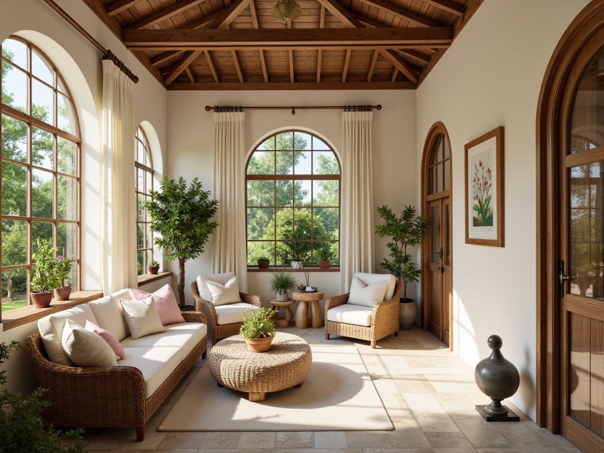 Prompt: Elegant sunroom, natural stone flooring, creamy white walls, wooden ceiling beams, lush greenery, comfortable wicker furniture, plush cushions, soft pastel colors, ornate metal frames, antique bronze hardware, carved wooden accents, distressed finishes, vintage decorative items, warm golden lighting, sheer curtains, botanical prints, classical sculptures, symmetrical composition, 1/1 aspect ratio, realistic textures, ambient occlusion.