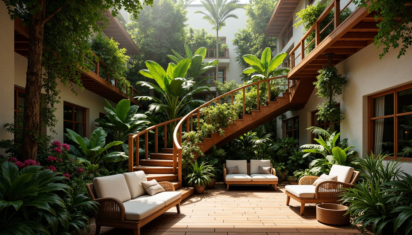 Prompt: Lush tropical staircase, exotic plants, vibrant greenery, natural stone walls, wooden handrails, spiral design, open-air atrium, warm sunlight, misty atmosphere, lush foliage, flowering vines, colorful blooms, tropical hardwood flooring, woven rattan furniture, earthy tones, organic textures, shallow depth of field, 1/1 composition, realistic rendering.