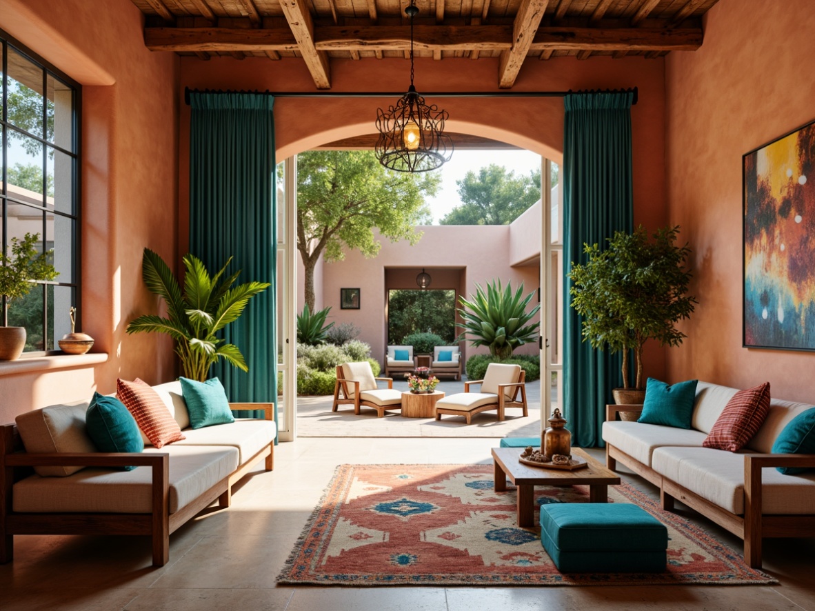 Prompt: Vibrant turquoise accents, earthy terracotta tones, rustic wooden furniture, plush southwestern-patterned rugs, comfortable lounge seating, cozy corner nooks, natural stone walls, warm beige flooring, woven textiles, eclectic decorative accessories, pendant lanterns, modern minimalist coffee tables, colorful serape blankets, geometric patterned ottomans, dramatic floor-to-ceiling drapes, sunny courtyard views, soft warm lighting, shallow depth of field, 1/2 composition, realistic textures, ambient occlusion.