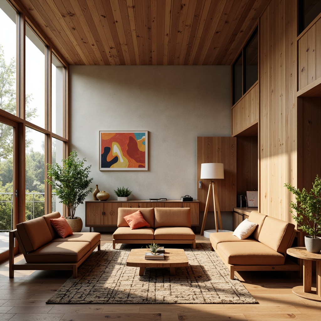 Prompt: Retro-inspired living room, walnut wood furniture, sleek low-profile sofas, vintage patterned rugs, geometric-shaped coffee tables, minimalist decor, natural textiles, earthy color palette, large windows, abundant sunlight, 1/1 composition, shallow depth of field, warm soft lighting, realistic wood grain textures, ambient occlusion.