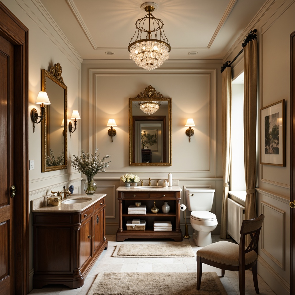 Prompt: Luxurious powder room, ornate mirrors, crystal chandeliers, rich wood cabinetry, marble countertops, antique brass fixtures, soft warm lighting, plush area rugs, velvety drapery, elegant wall sconces, decorative moldings, traditional furnishings, refined architectural details, subtle color palette, warm beige tones, creamy whites, sophisticated accessories, exquisite ceramic vases, ornate picture frames, 1/2 composition, shallow depth of field, warm natural light.