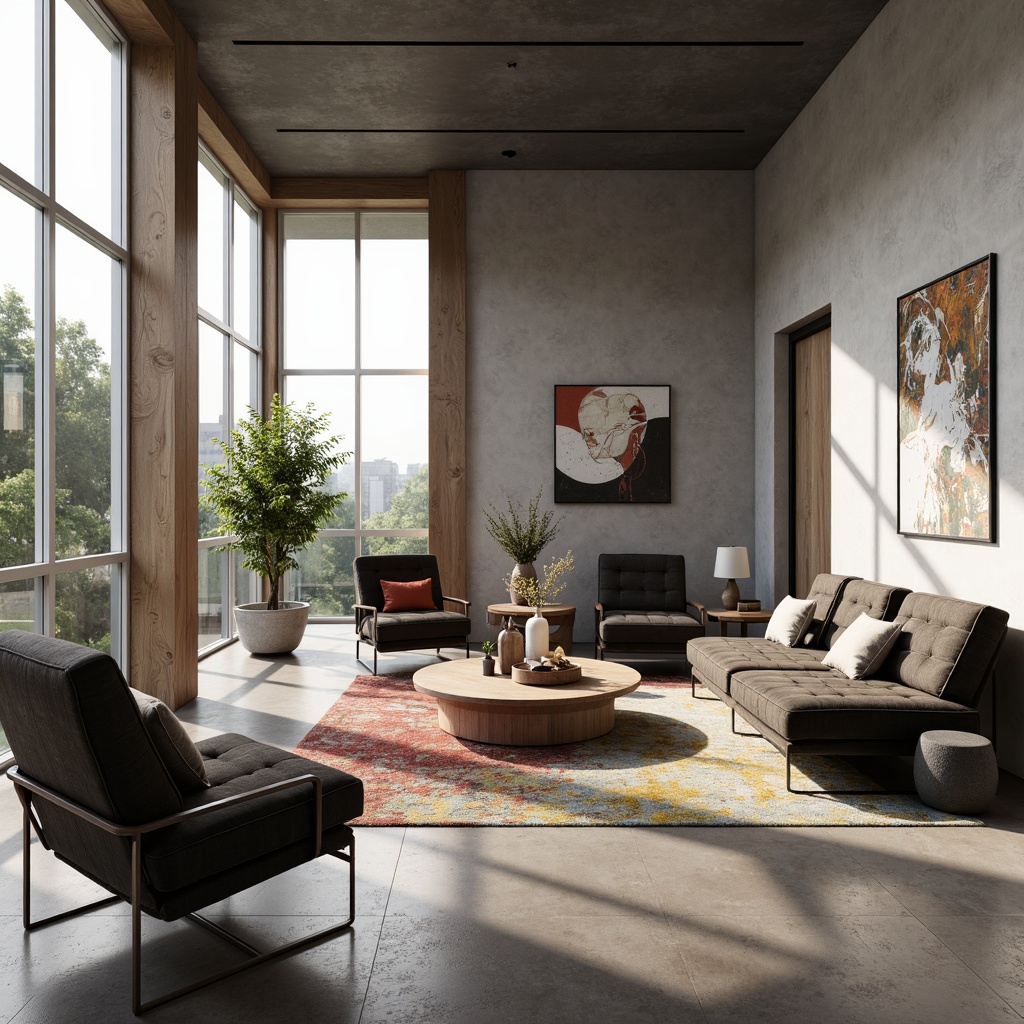 Prompt: Modern interior space, sleek lines, minimalist decor, low-profile furniture, polished metal legs, tufted upholstery, velvety soft fabrics, geometric patterns, bold color accents, abstract artwork, floor-to-ceiling windows, natural light pouring in, subtle textures, 3D modeling, realistic rendering, shallow depth of field, atmospheric lighting, panoramic view.