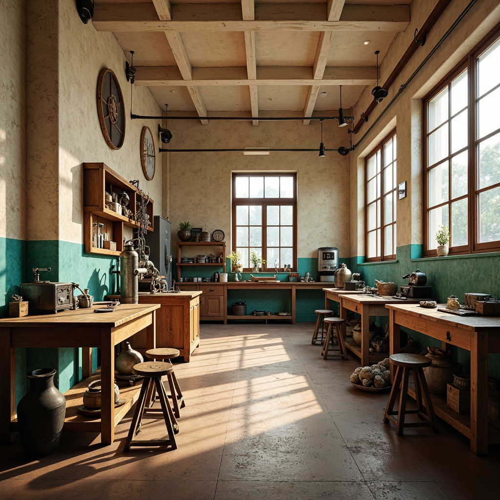 Prompt: Industrial-style workshop, rustic wooden tables, metal machinery, vintage tools, warm beige walls, earthy brown floors, soothing turquoise accents, creamy white ceilings, natural light pouring in, softbox lighting, 1/2 composition, shallow depth of field, realistic textures, ambient occlusion.