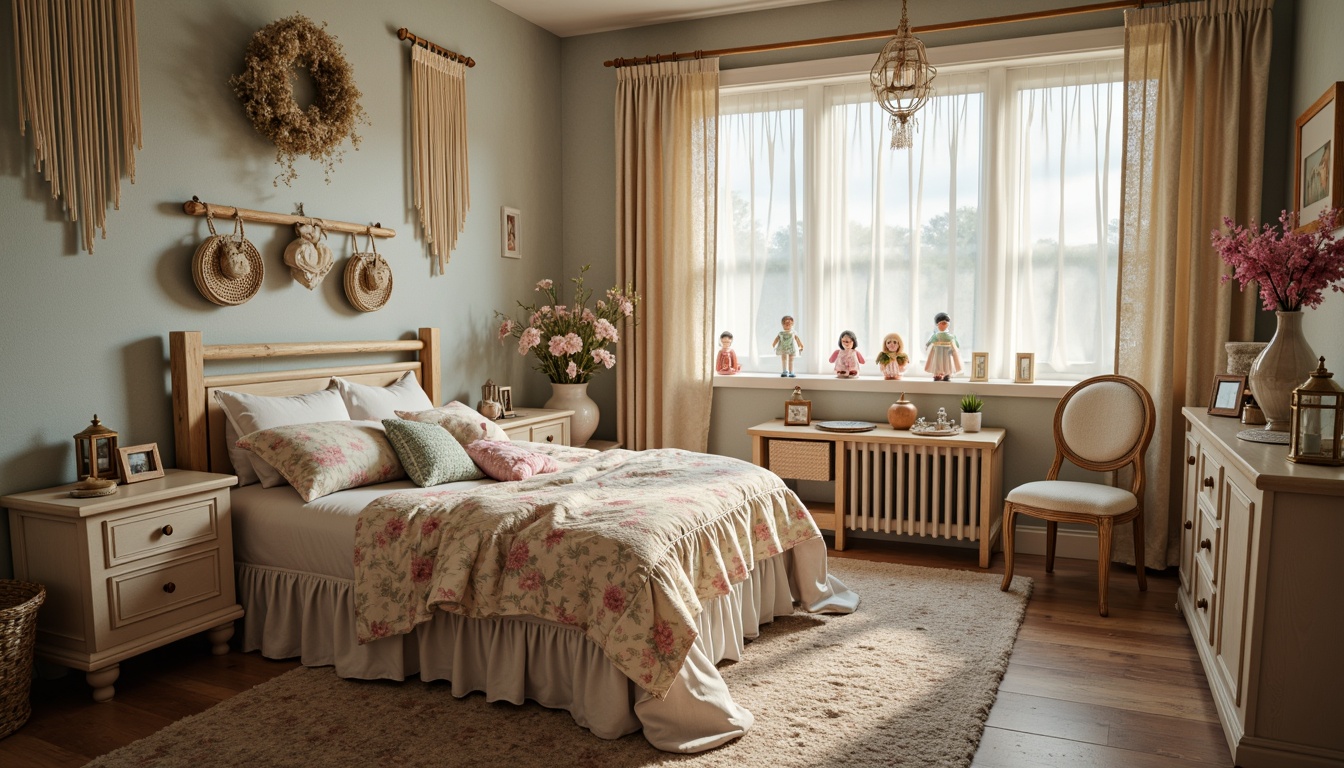 Prompt: Whimsical kids' room, distressed wood furniture, soft pastel colors, vintage floral patterns, lace curtains, ruffled bedding, antique metal hardware, porcelain dolls, woven baskets, macrame wall hangings, faded denim textiles, natural fiber rugs, warm candlelight, soft focus, shallow depth of field, 1/2 composition, romantic ambiance.