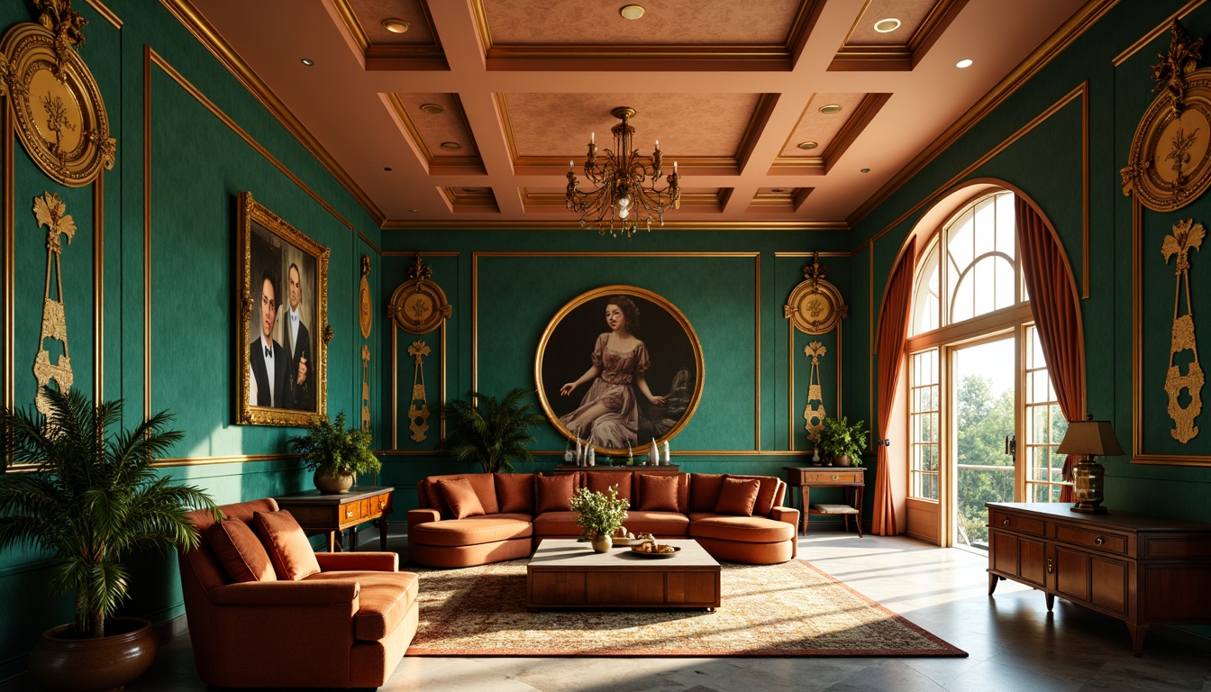 Prompt: Luxurious Art Nouveau interior, rich jewel-toned colors, emerald green walls, amber-hued wood accents, soft peach ceilings, ornate golden fixtures, curvilinear lines, flowing organic patterns, velvet upholstery, intricate moldings, natural stone flooring, warm bronze lighting, subtle shading, 3/4 composition, intimate atmosphere, realistic textures.