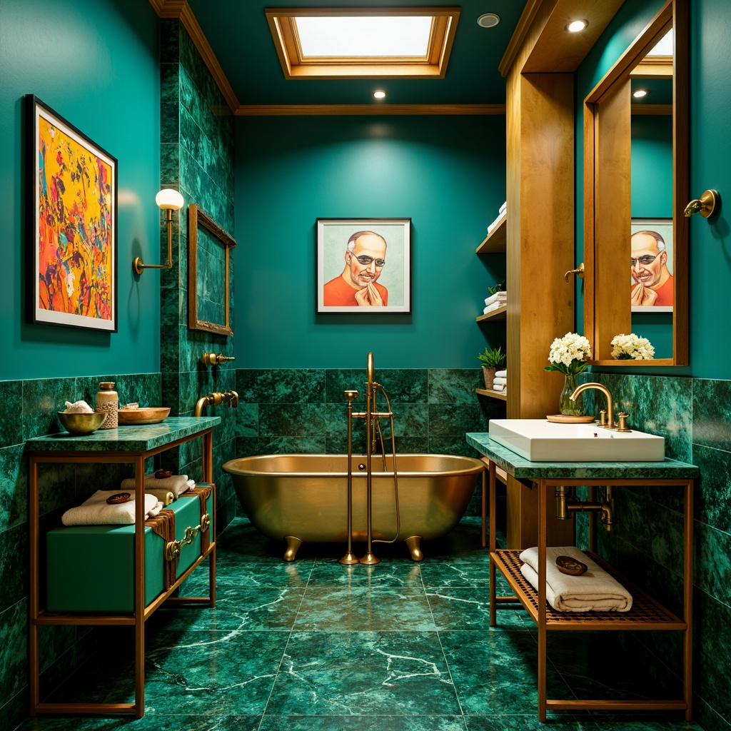 Prompt: Vibrant bathroom, bold turquoise walls, rich gold accents, deep emerald green countertops, luxurious marble floors, ornate bronze fixtures, dramatic lighting, abstract expressionist art pieces, eclectic mix of patterns and textures, moody atmosphere, warm golden glow, shallow depth of field, 1/2 composition, realistic reflections, ambient occlusion.