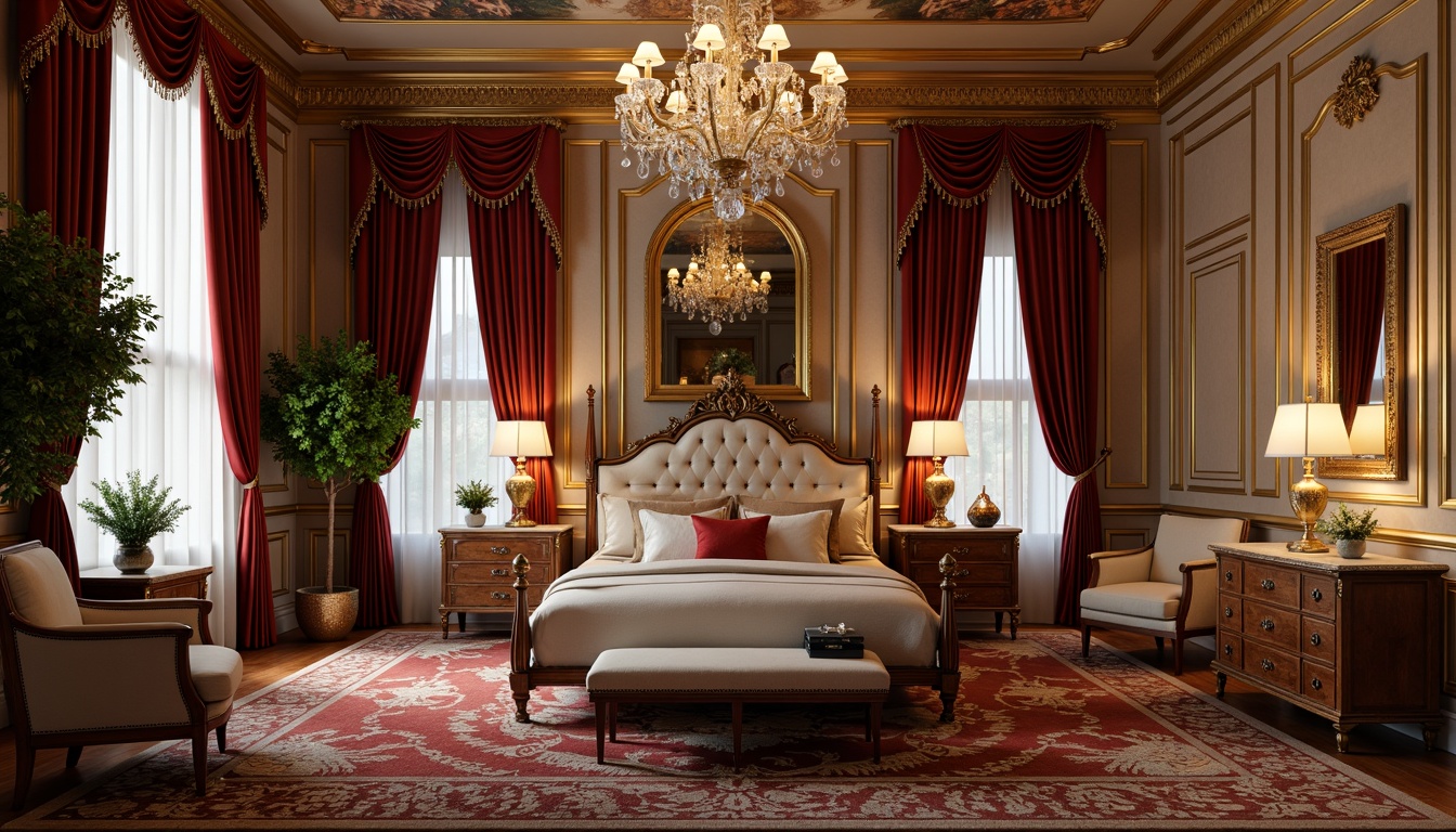 Prompt: Luxurious Baroque bedroom, ornate gold leaf accents, rich velvet drapes, intricately carved wooden furniture, gilded mirrors, lavish crystal chandeliers, plush carpeting, soft warm lighting, shallow depth of field, 1/1 composition, symmetrical arrangement, opulent textiles, heavy drapery, majestic four-poster bed, tufted upholstery, antique decorative pieces, lavish wall ornaments, grandiose ceiling murals, dramatic archways, elegant floor lamps.