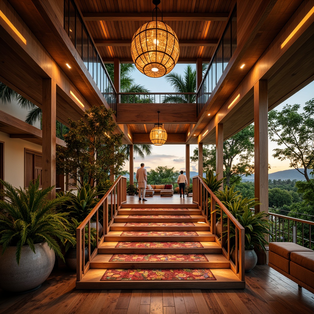 Prompt: Tropical staircase, warm golden lighting, soft diffused glow, pendant lamps, natural rattan shades, woven fiber textures, exotic wood tones, polished metal accents, lush greenery surroundings, floral patterns, vibrant colorful rugs, spacious open plan, high ceiling, large windows, sliding glass doors, outdoor balcony views, sunset ambiance, warm white LED lights, recessed lighting, stair step illumination, ambient glow, 3/4 composition, shallow depth of field, panoramic view.