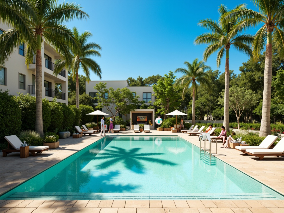 Prompt: Vibrant turquoise pool water, sun-kissed deck chairs, lush greenery surroundings, tropical palm trees, warm beige stone flooring, modern sleek pool coping, refreshing outdoor showerheads, colorful beach balls, fun floaties, sunny day, clear blue sky, shallow depth of field, 1/1 composition, realistic textures, ambient occlusion.