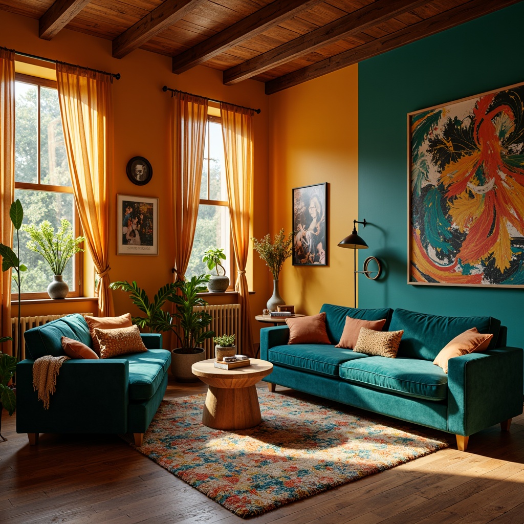 Prompt: Vibrant living room, bold color scheme, warm golden lighting, rich turquoise accents, plush velvet sofas, abstract patterned rugs, statement artwork, eclectic decorative objects, wooden floorboards, modern minimalist coffee table, lush greenery, natural textiles, bohemian-inspired decor, cozy reading nook, intimate gathering space, dramatic drapery, soft focus, shallow depth of field, 1/1 composition, warm atmospheric lighting.