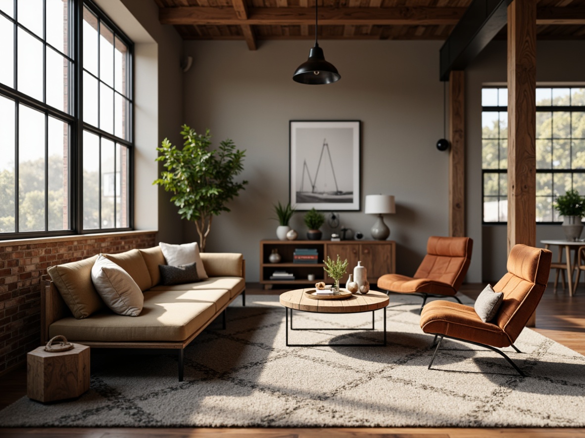 Prompt: Mid-century modern living room, sleek low-profile sofa, tufted velvet armchair, reclaimed wood coffee table, minimalist metal legs, geometric patterned rug, industrial chic decor, exposed brick walls, floor-to-ceiling windows, natural light, soft warm ambiance, 1/1 composition, shallow depth of field, realistic textures.