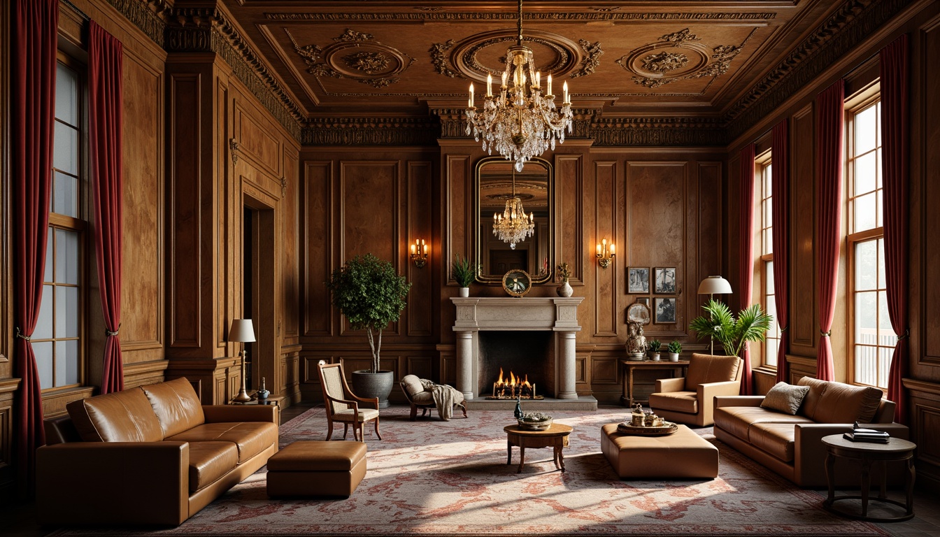 Prompt: Intricate wooden paneling, richly textured stone walls, ornate plaster molding, luxurious velvet drapes, opulent crystal chandeliers, distressed leather furnishings, rustic brick fireplaces, warm earthy tones, soft golden lighting, shallow depth of field, 3/4 composition, realistic textures, ambient occlusion.