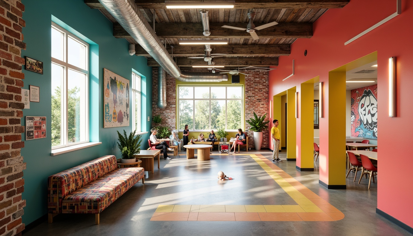 Prompt: Vibrant eclectic school, bold color blocking, bright coral walls, turquoise accents, sunny yellow highlights, creamy white trim, distressed wood textures, industrial metal beams, exposed ductwork, reclaimed wood furniture, modern LED lighting, playful patterns, geometric shapes, abstract murals, graffiti-inspired artwork, lively atmosphere, natural light pouring in, shallow depth of field, 1/1 composition, realistic rendering.