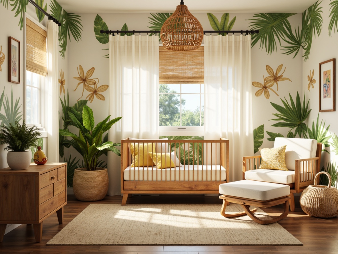 Prompt: Vibrant tropical nursery, soft warm lighting, pastel colors, rattan crib, woven basket furniture, palm tree decals, floral patterns, greenery walls, wooden accents, natural textures, woven blinds, sheer curtains, creamy whites, sunny yellow, sky blue, gentle breeze, 1/1 composition, shallow depth of field, realistic renderings, ambient occlusion.