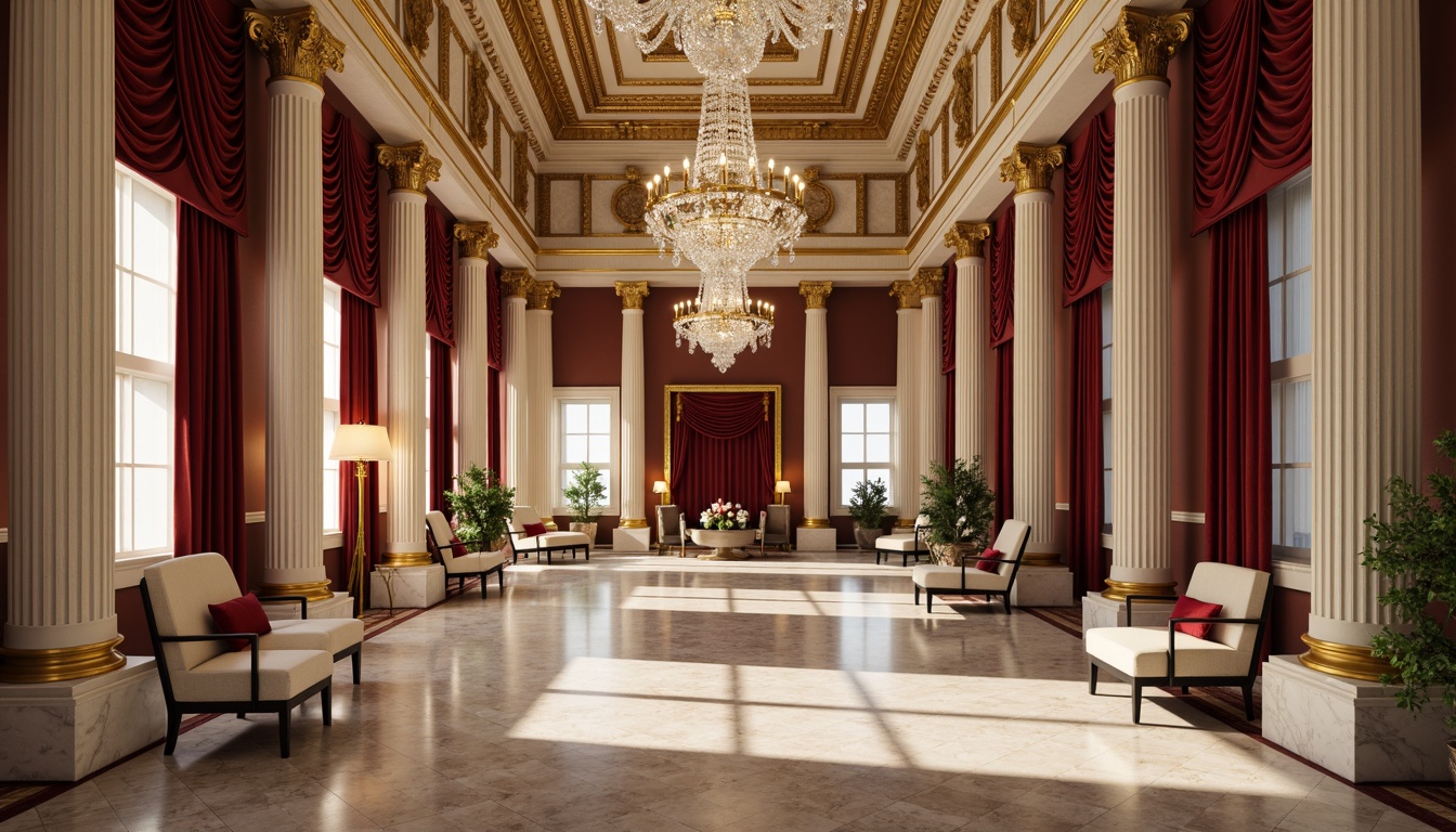 Prompt: Grand hall interior, ornate columns, classical architecture, marble flooring, crystal chandeliers, luxurious furnishings, velvet drapes, golden accents, intricate moldings, high ceilings, symmetrical composition, warm soft lighting, shallow depth of field, 1/1 aspect ratio, realistic textures, ambient occlusion.