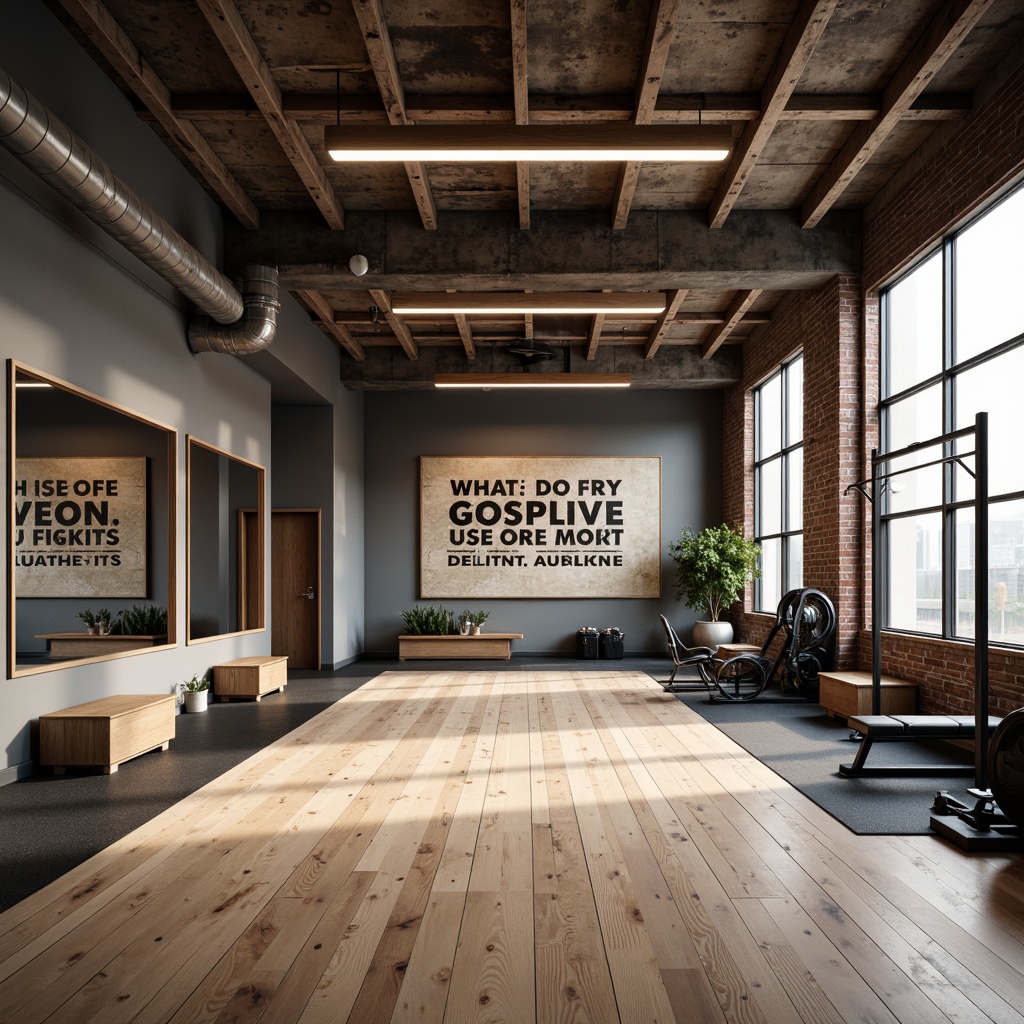 Prompt: Academic style home gym, wooden flooring, neutral color palette, motivational quotes, fitness equipment, mirrors, rubber flooring, sound-absorbing panels, natural light, large windows, minimalist design, industrial-chic aesthetic, exposed brick walls, metal beams, reclaimed wood accents, bold typography, dynamic lighting, shallow depth of field, 2/3 composition, realistic textures, ambient occlusion.