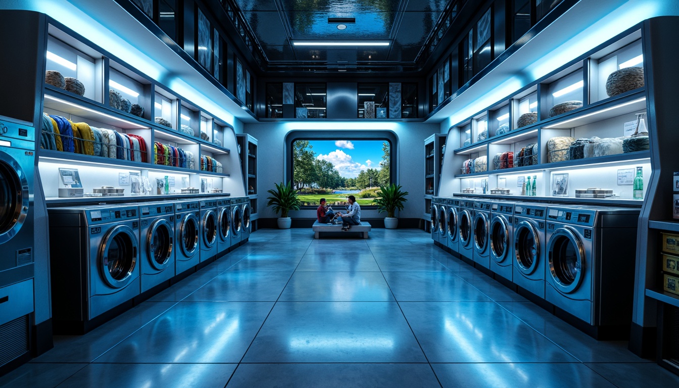 Prompt: Futuristic laundry room, metallic surfaces, neon-lit ambiance, sleek appliances, glowing blue accents, iridescent fabrics, holographic patterns, reflective chrome details, minimalist shelving units, automated washing machines, futuristic detergent dispensers, soft pulsing lighting, shallow depth of field, 3/4 composition, panoramic view, realistic textures, ambient occlusion.