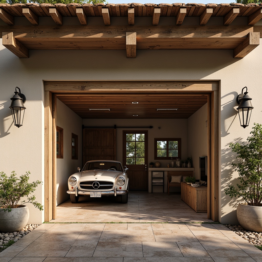 Prompt: Rustic family garage, classicism style, wooden accents, stone walls, clay roof tiles, earthy tones, warm beige colors, natural textures, distressed finishes, ornate metalwork, vintage hardware, reclaimed wood, exposed brick, traditional lanterns, soft warm lighting, shallow depth of field, 1/2 composition, realistic rendering, ambient occlusion.