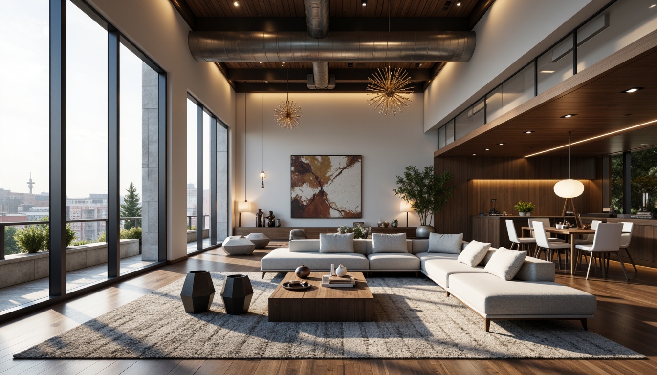 Prompt: Modern living room, sleek lines, minimalist decor, floor-to-ceiling windows, neutral color palette, textured rugs, comfortable sofas, geometric-shaped coffee tables, artistic sculptures, contemporary lighting fixtures, pendant lamps, sputnik chandeliers, recessed lighting, LED strips, warm ambient glow, soft shadows, dramatic accent lighting, metallic finishes, glass or acrylic diffusers, industrial-chic exposed ductwork, urban loft atmosphere, morning natural light, subtle color temperature adjustments.