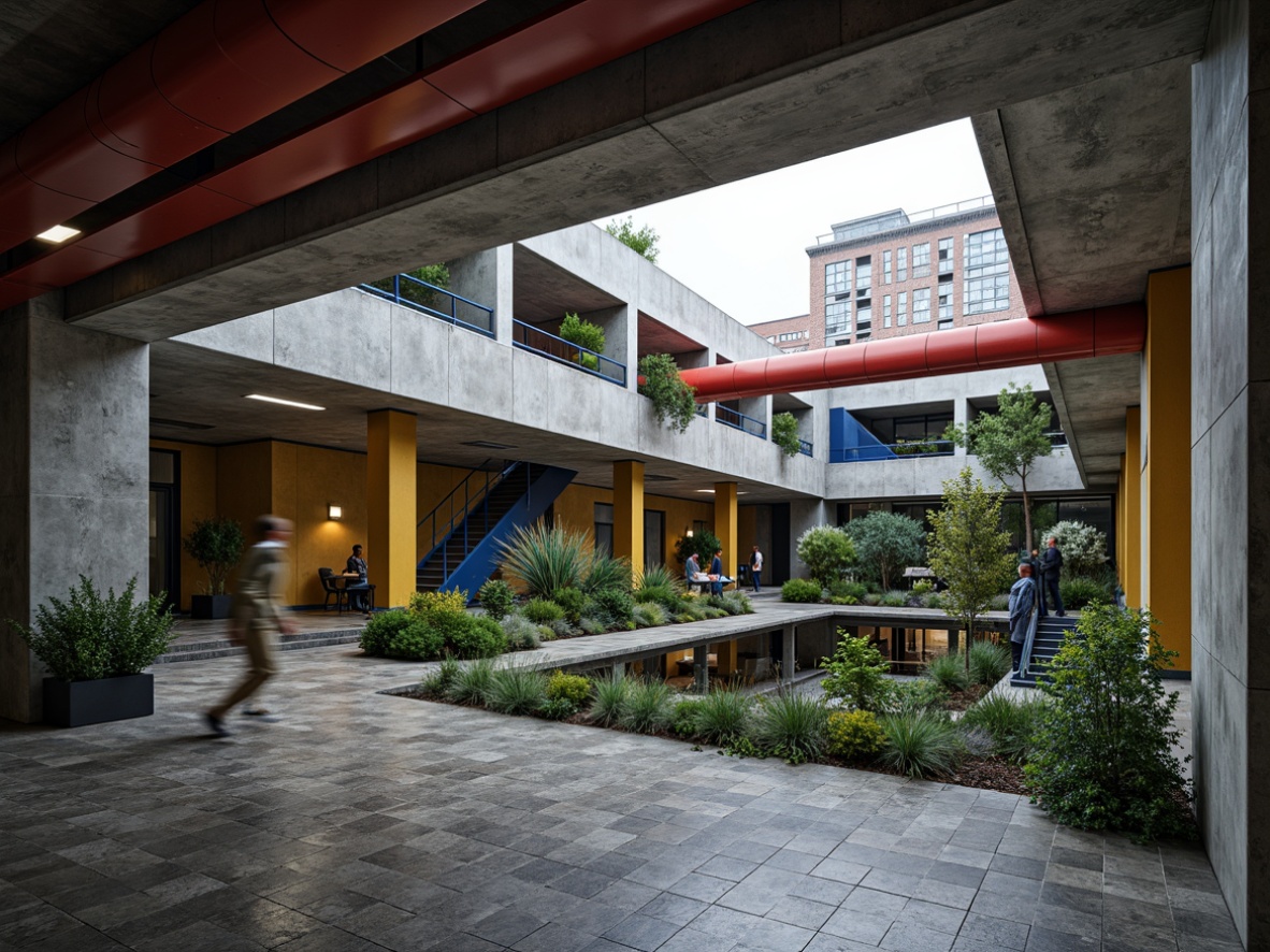 Prompt: Exposed concrete walls, industrial metal beams, rugged stone floors, bold color accents, vibrant red ductwork, bright yellow pipes, deep blue stairwells, greenery-filled interior courtyards, natural light pouring in, dramatic shadows, minimalist decor, functional simplicity, brutalist architecture, urban cityscape, overcast sky, low-key lighting, high-contrast photography, abstract composition.