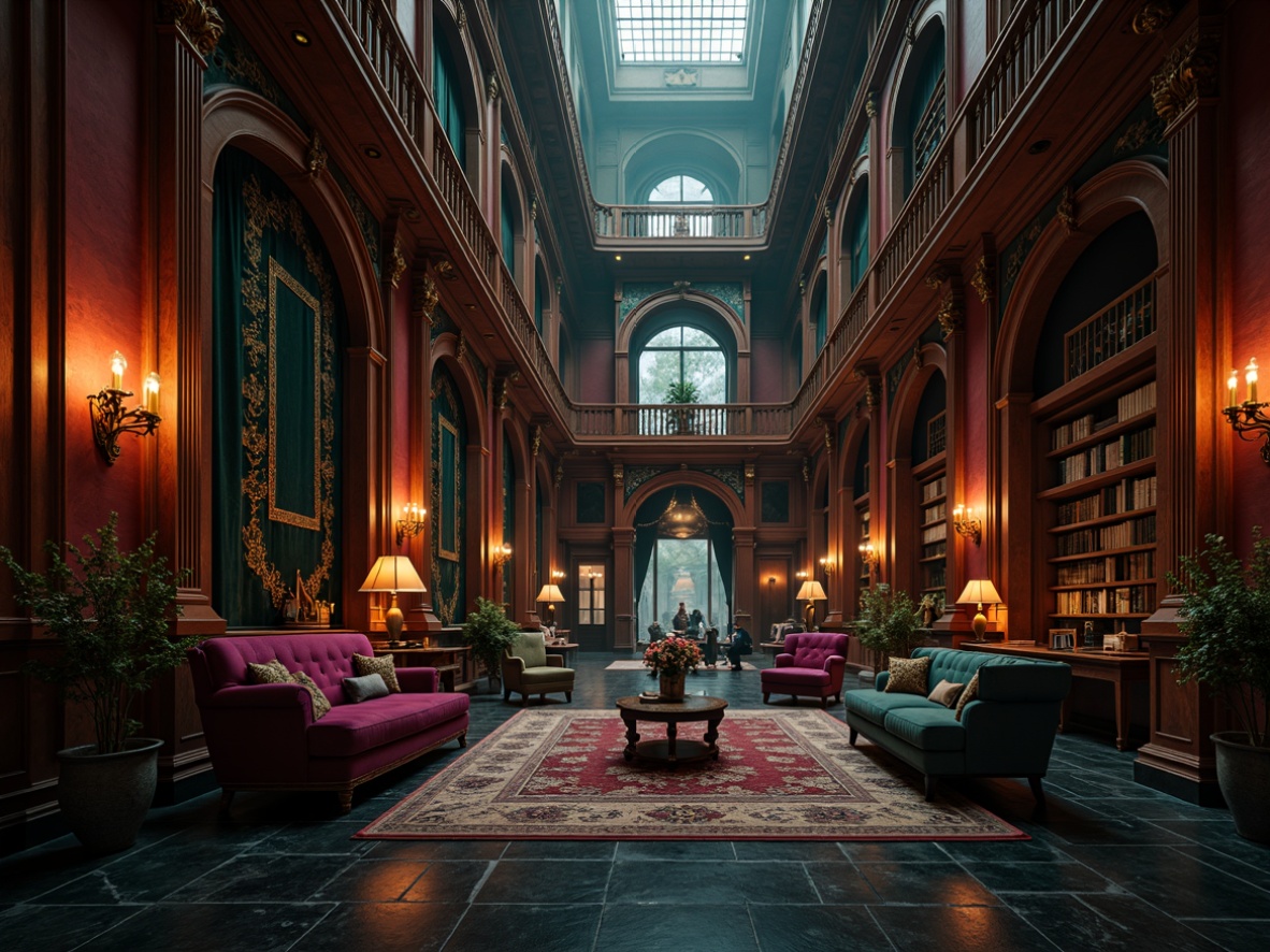 Prompt: Dark academia-inspired interior, rich velvet drapes, mysterious mahogany wood panels, ornate gold accents, lavish crimson red walls, mystical emerald green tapestries, somber black stone floors, eerie candlelight, dramatic high ceilings, grandiose chandeliers, luxurious purple upholstery, intricate Gothic arches, heavy ironwork, ancient tomes, mysterious artifacts, foggy misty atmosphere, warm golden lighting, 1/2 composition, cinematic depth of field, realistic textures.