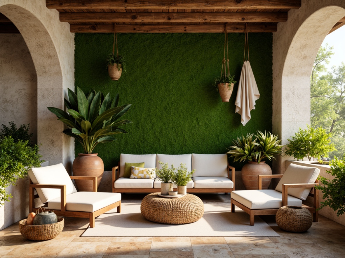 Prompt: Moss green accent wall, natural stone flooring, reclaimed wood furniture, earthy terracotta pots, lush greenery, hanging plants, woven rattan baskets, creamy white textiles, soft beige upholstery, warm golden lighting, shallow depth of field, 1/1 composition, realistic textures, ambient occlusion.