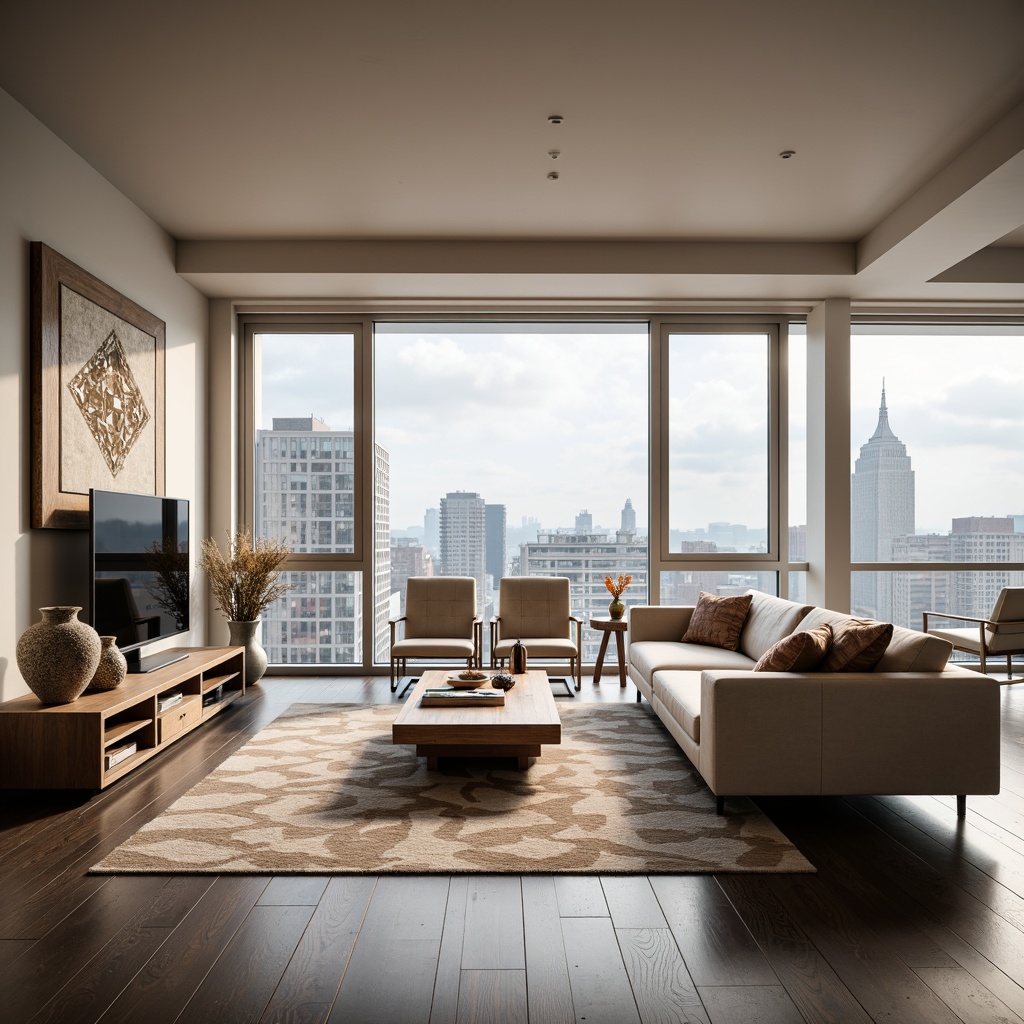 Prompt: Streamlined modern living room, low-profile sofa, sleek wooden coffee table, minimalist metal chairs, geometric patterned rug, floor-to-ceiling windows, natural light pouring in, subtle color palette, warm beige walls, polished chrome accents, hidden LED lighting, textured throw pillows, organic-shaped decorative vases, abstract artwork, urban cityscape view, cloudy day, soft diffuse lighting, shallow depth of field, 1/1 composition, cinematic atmosphere.