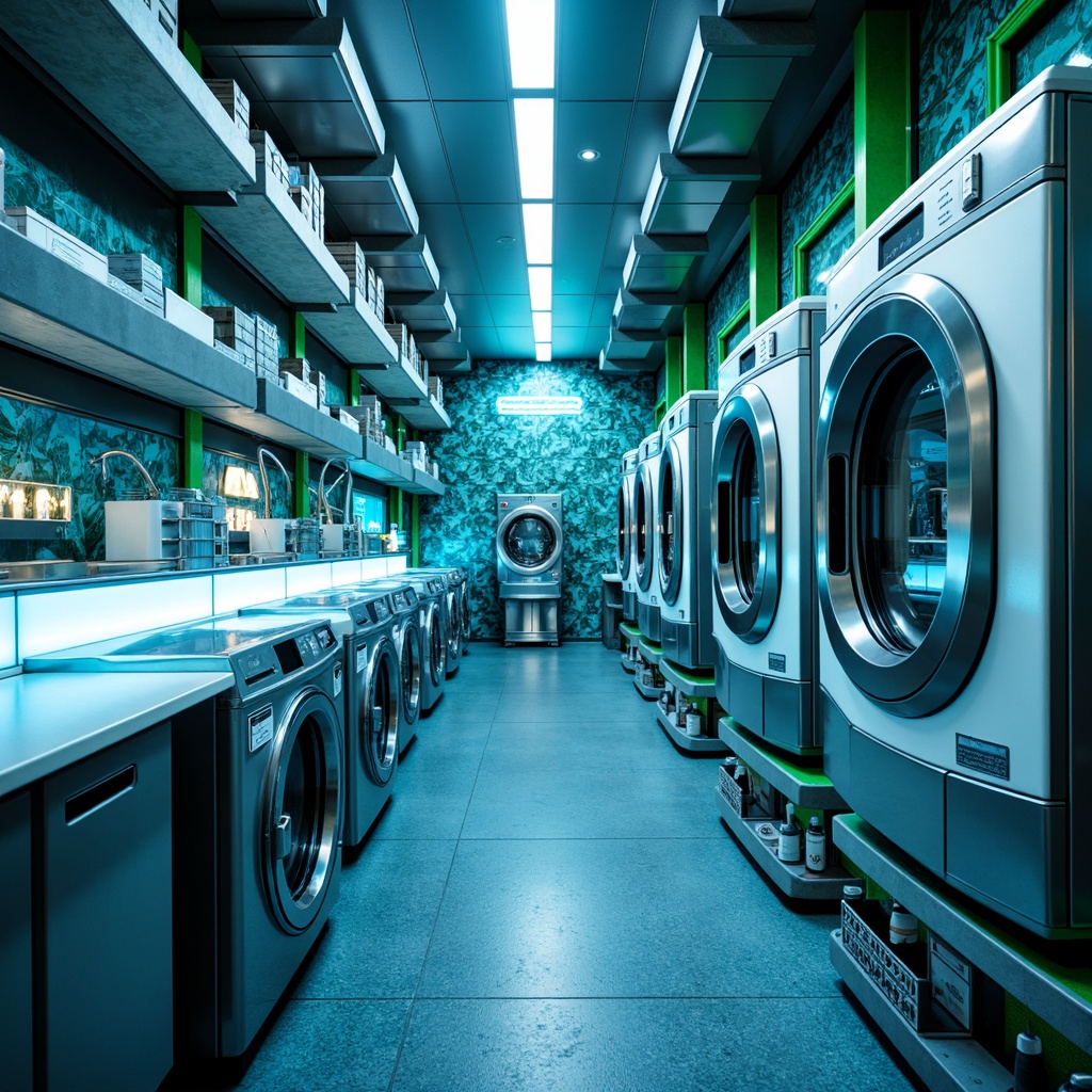 Prompt: Futuristic laundry room, metallic silver machines, glowing blue LED lights, sleek white countertops, polished chrome accents, neon green pipes, iridescent glass tiles, abstract geometric patterns, modern minimalist decor, soft ambient lighting, shallow depth of field, 3/4 composition, panoramic view, realistic textures, ambient occlusion.