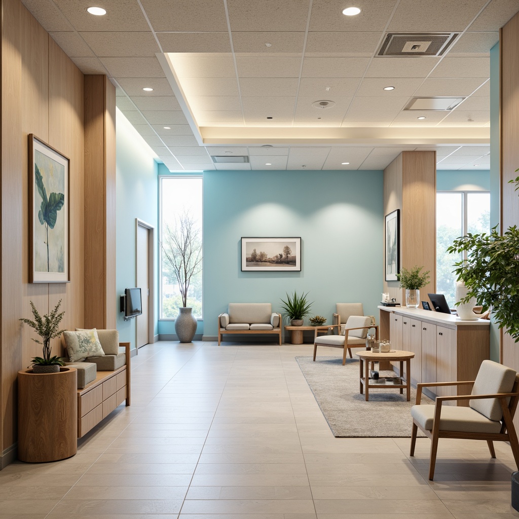 Prompt: Calm healthcare facility, soothing pastel colors, gentle beige tones, soft blue accents, natural wood textures, comfortable furnishings, serene atmosphere, abundant natural light, warm white lighting, subtle patterned floors, acoustic ceiling tiles, minimalist decor, calming artwork, peaceful waiting areas, private consultation rooms, state-of-the-art medical equipment, modern interior design, 1/1 composition, shallow depth of field, realistic textures.