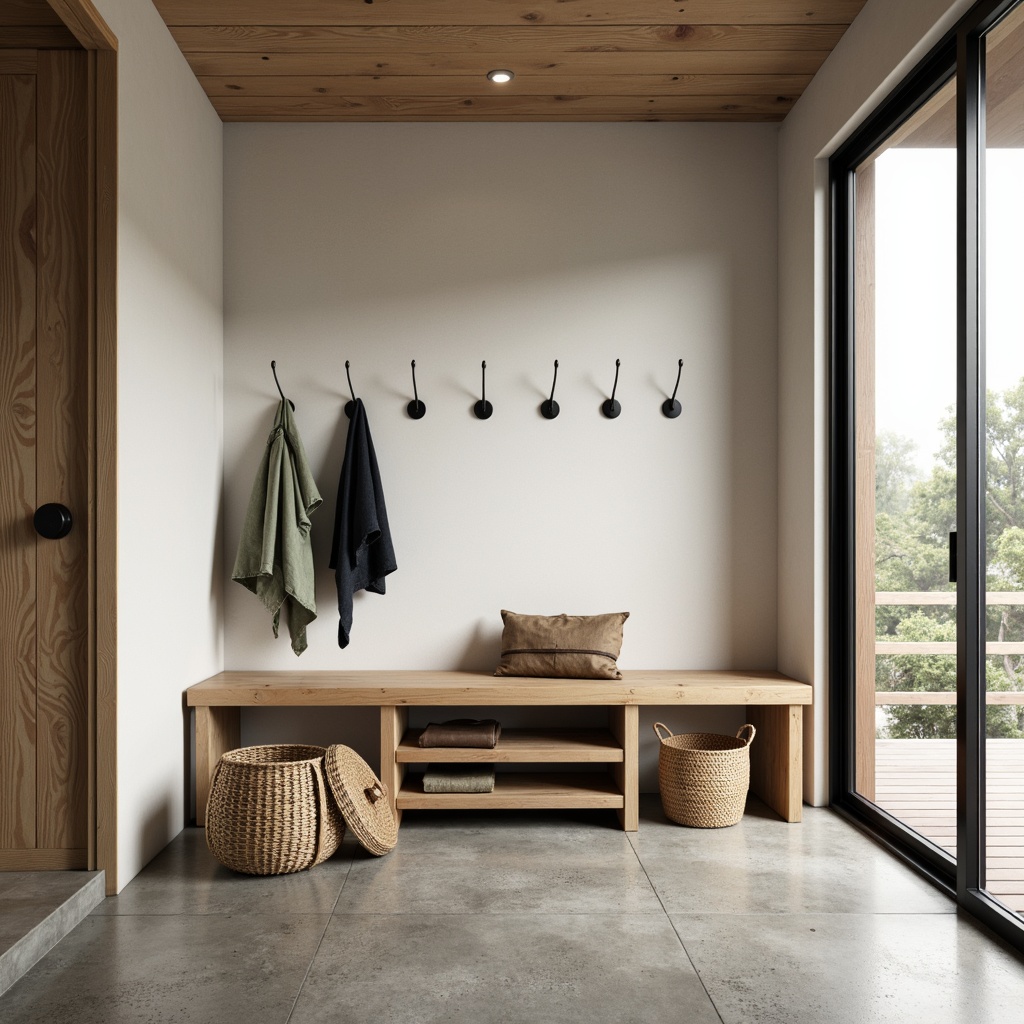 Prompt: Simple mudroom bench, natural wood tones, industrial metal hooks, woven storage baskets, earthy color palette, concrete flooring, modern minimalist architecture, large windows, abundant natural light, soft shadows, 1/1 composition, realistic textures, ambient occlusion, serene atmosphere, calm ambiance, functional simplicity.